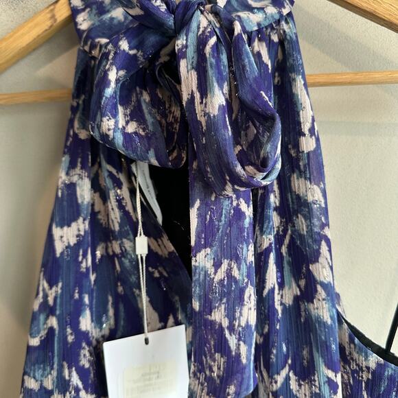 Lavender Brown Metallic Shimmer Neck Tie Halter Mini Dress Navy Multi S - Picture 8 of 13